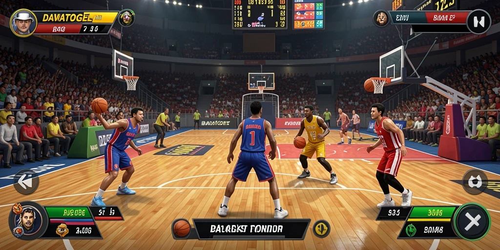 Tampilan antarmuka DAWATOGEL saat bermain Basket yang menarik.